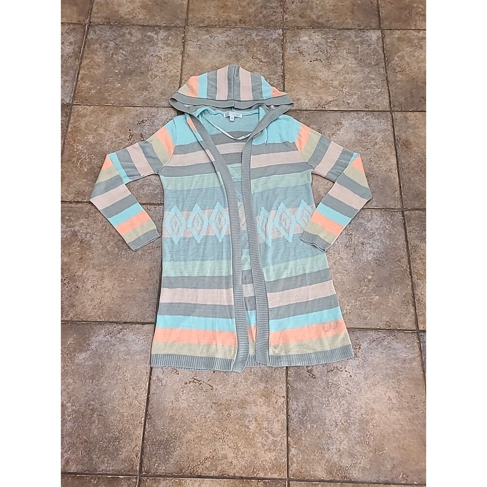 Say What S Hooded Cardigan Tunic Aztec Striped Blue Teal Open Lightweight Peach